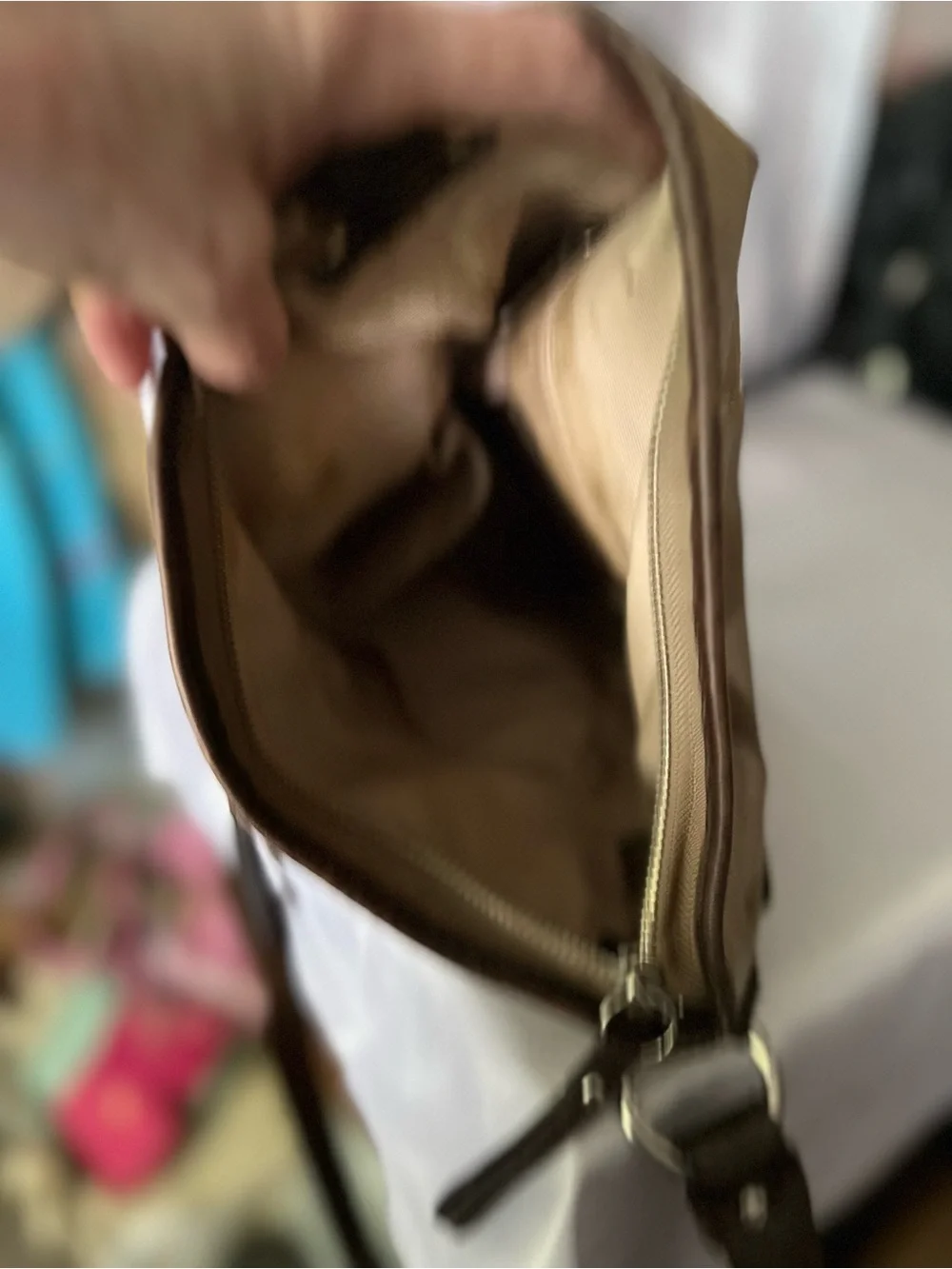 Coach Khaki Signature Jacquard Crossbody with Chocolate Leather Trim